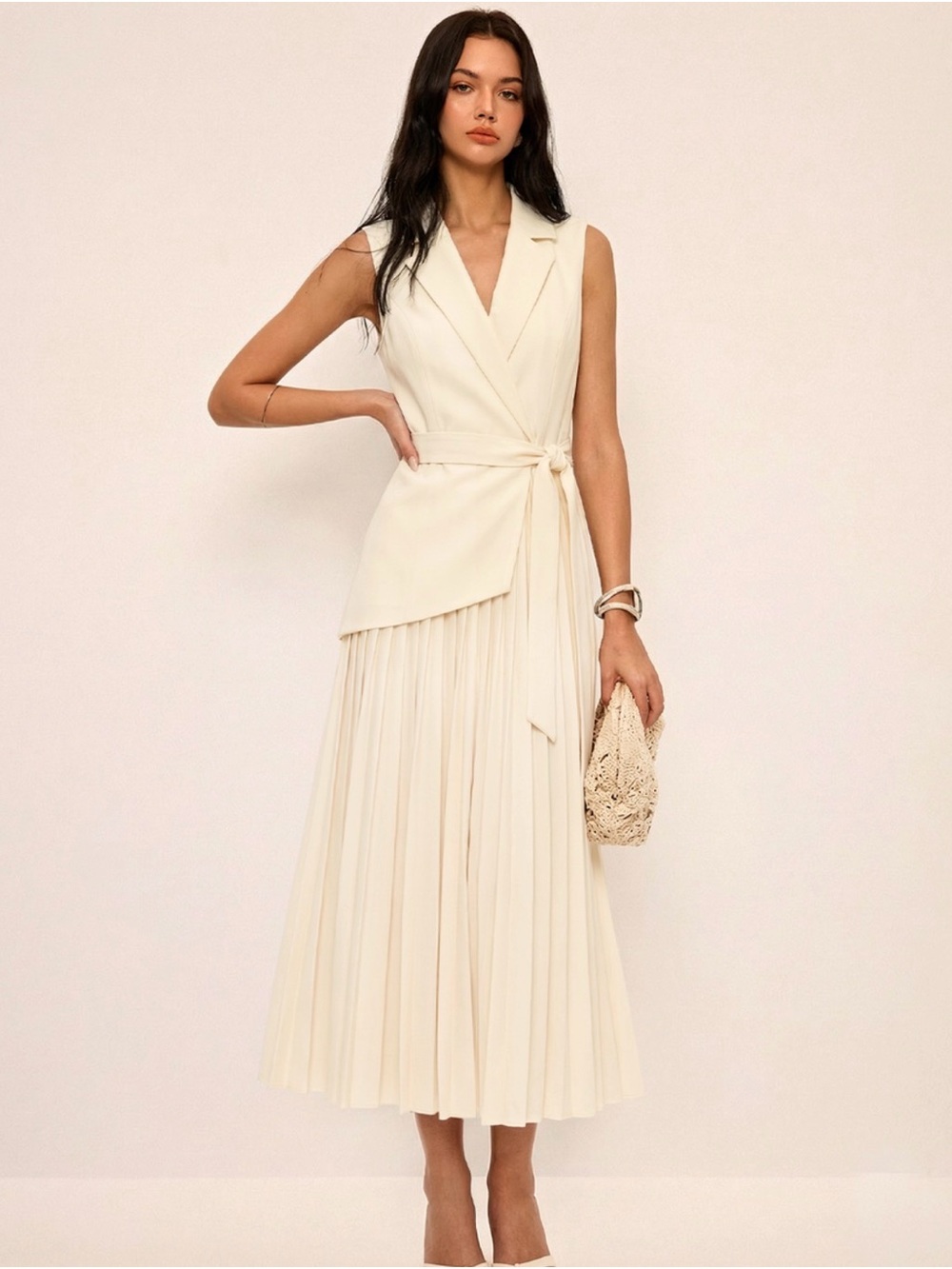 Commense Sleeveless Cream Pleated Blazer Dress